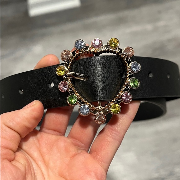 New Without Tags – Black Belt with Multicolor Rhinestone heart shape Buckle - Picture 2 of 3